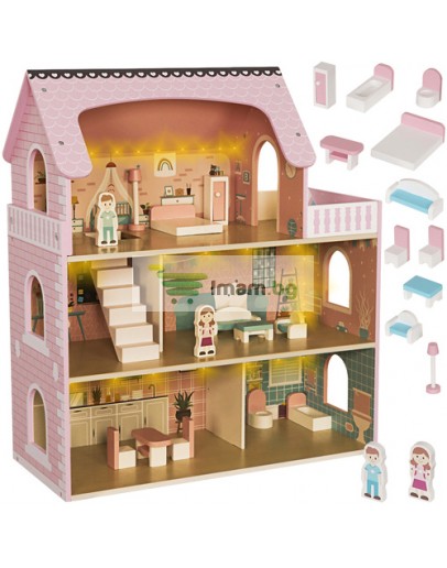 Дървена къщичка за кукли LED осветление и аксесоари